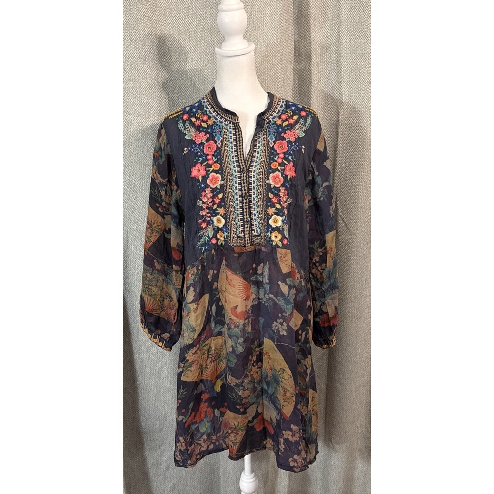 JOHNNY WAS Tunic Dress Women's Size Large Blue Cupro Floral Embroidery Boho